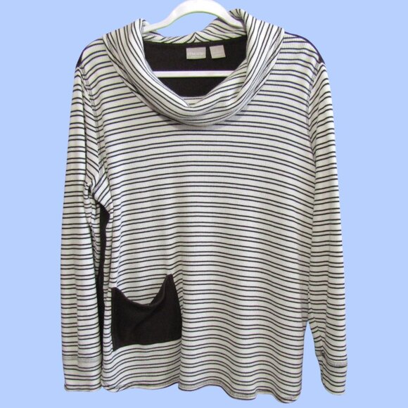 Chicos Cream Brown Striped Waffle Knit Thermal Top Size L 2 Cowl Neck Pocket - Picture 1 of 9